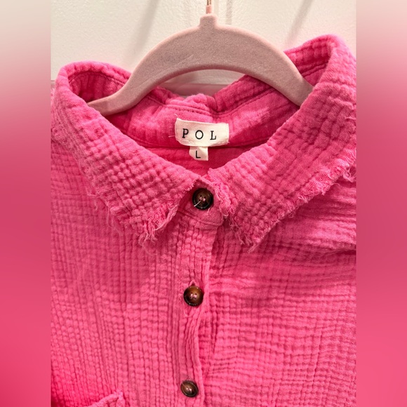 POL Pink Button-Down Shirt with Cream Crochet Sleeves. New No Tags Size L - Picture 7 of 8